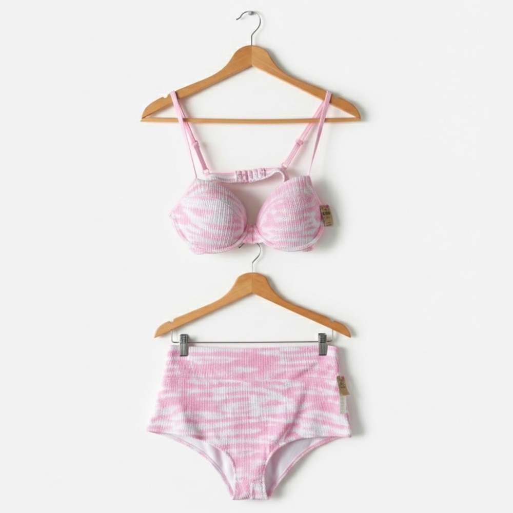 NWT• VS PINK Smocked Zebra Bikini Set Pink High Waist Barbiecore XL/XXL